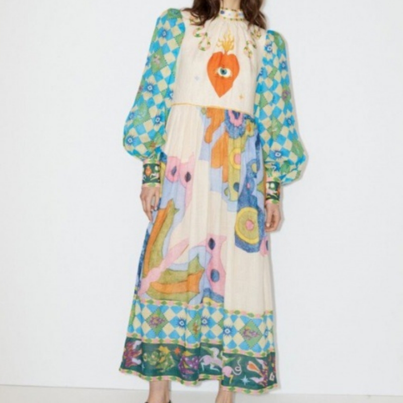 Long Macaron Dress With Lantern Sleeves For Women