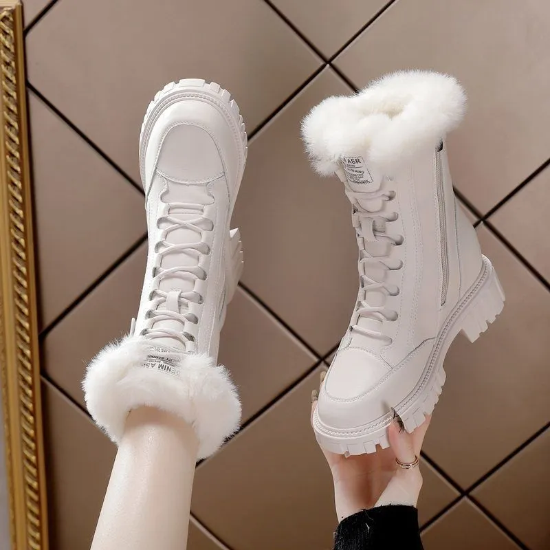 Snow Boots For Women Non Slip Outdoor Height Increasing Insole Thick Bottom Fleece-lined - White
