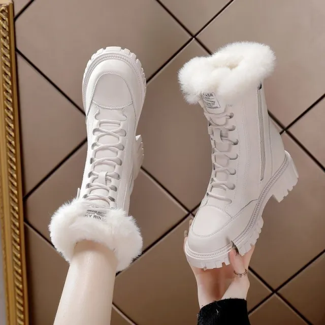 Snow Boots For Women Non Slip Outdoor Height Increasing Insole Thick Bottom Fleece lined White - Shop at LoveMi