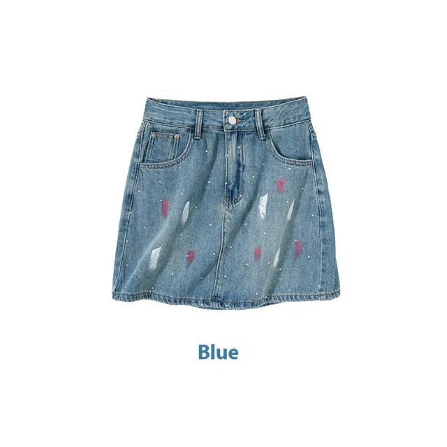 Rhinestone Lining Base Denim Skirt Graffiti Denim Blue - Shop at LoveMi