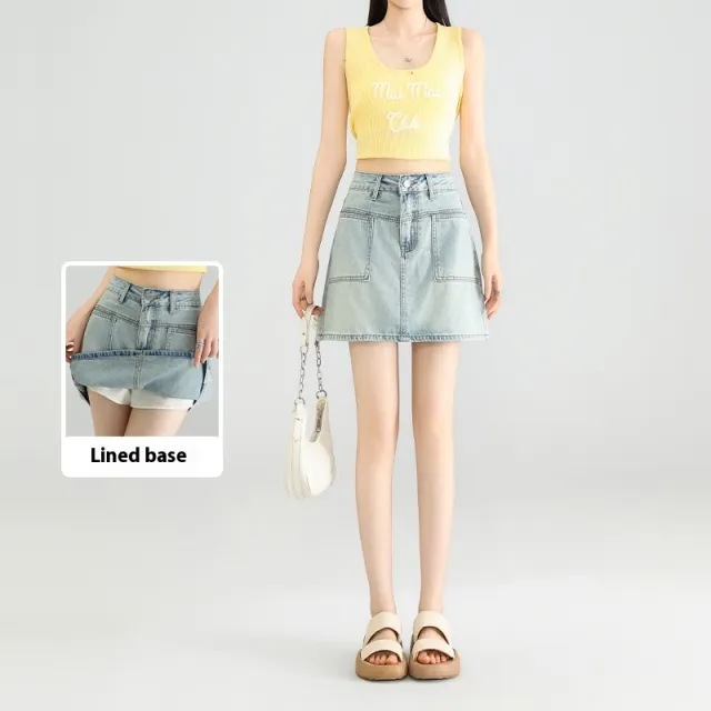 Denim Skirt Lining Safety Pants Design Sense All match Blue Light Blue - Shop at LoveMi