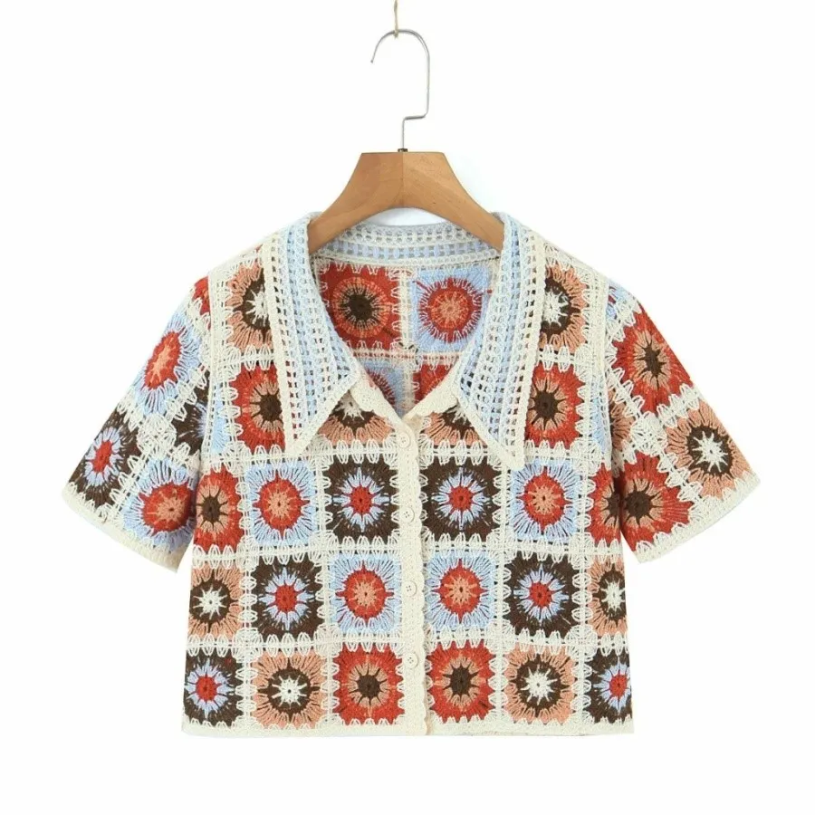 Women Boho Cardigan Sweater Crop Top 24 Crochet Summer Front - Brown
