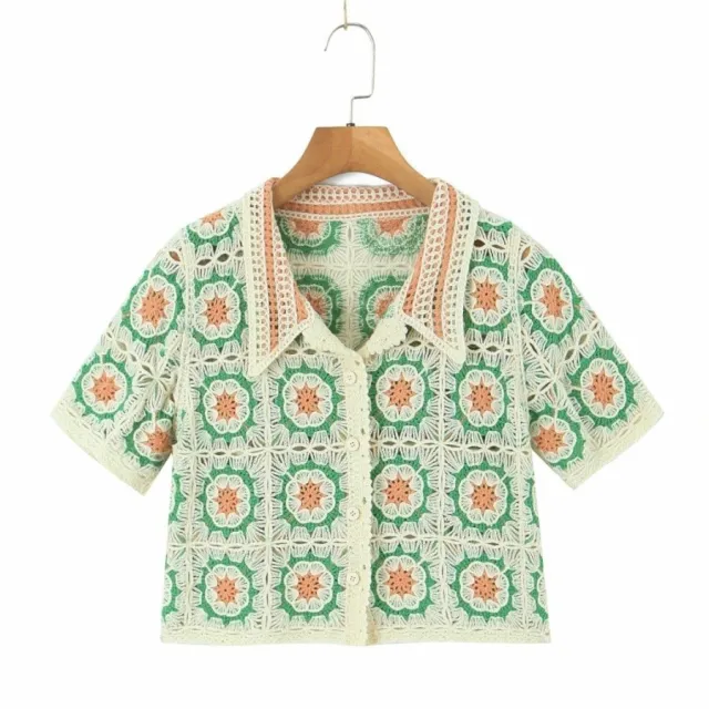 Women Boho Cardigan Sweater Crop Top 24 Crochet Summer Front Green - Shop at LoveMi