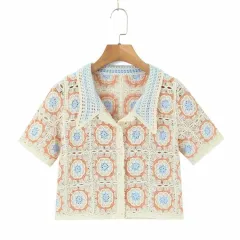 Women Boho Cardigan Sweater Crop Top 24 Crochet Summer Front - Blue - View 1