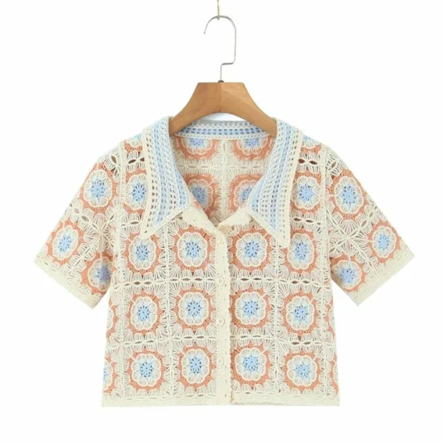 Women Boho Cardigan Sweater Crop Top 24 Crochet Summer Front Blue - Shop at LoveMi
