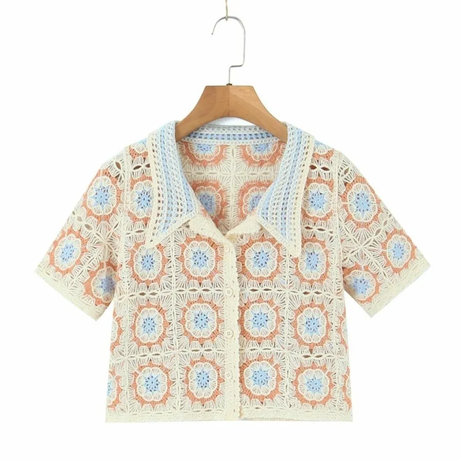 Women Boho Cardigan Sweater Crop Top 24 Crochet Summer Front - Blue