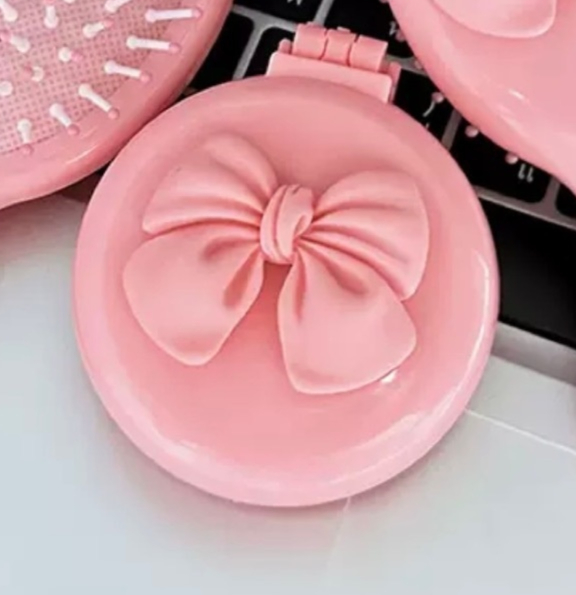 Pink Bow folding mirror comb