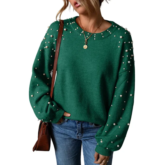Women's Loose Beaded Round Neck Pullover Long Sleeve Sweater Green - Shop at LoveMi