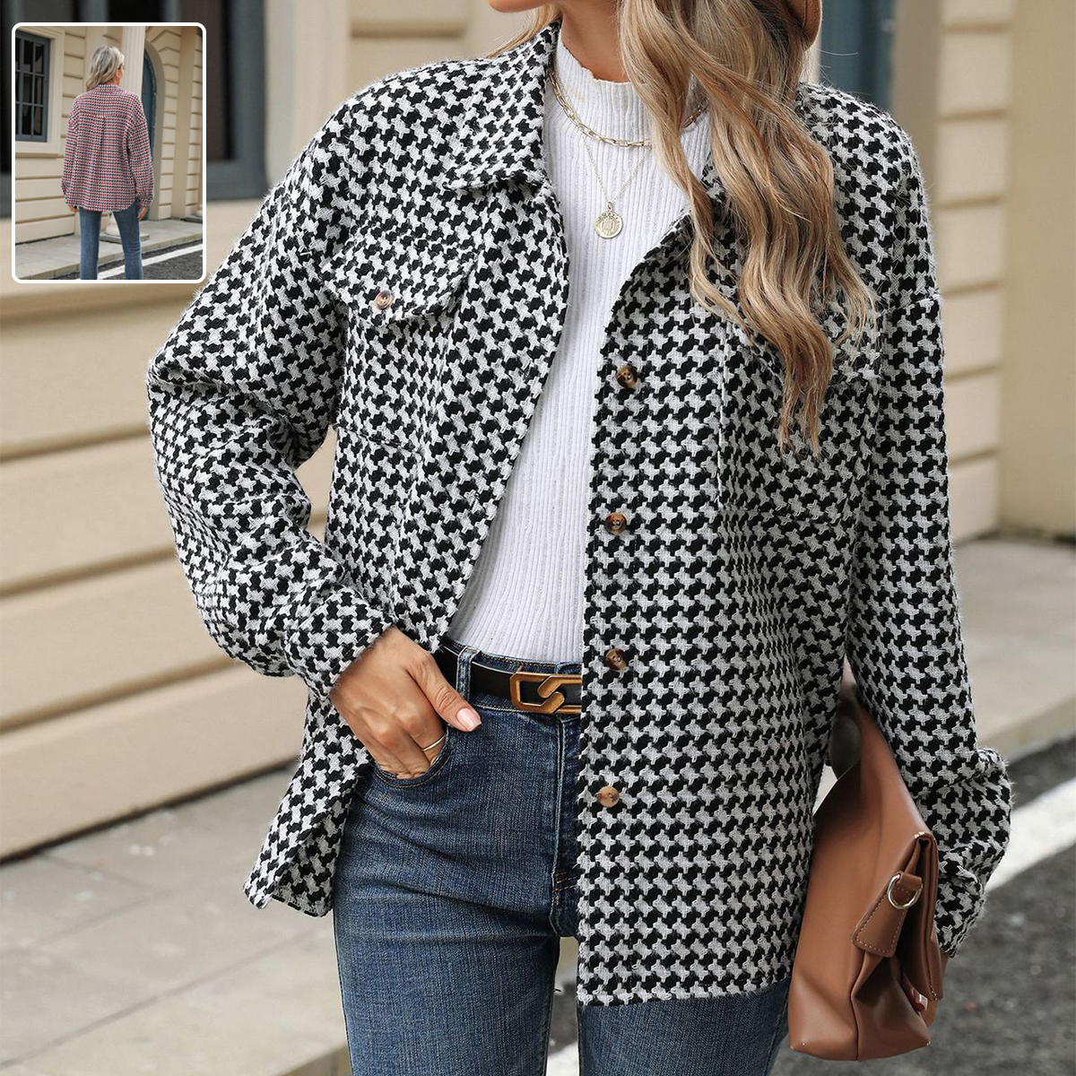 Fashion Houndstooth Lapel Tweed Coat Casual Loose Long Sleeve Jacket ...