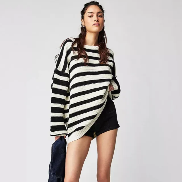 Printed Striped Long Sleeve Pullover Crew Neck Sweater Black - Shop at LoveMi