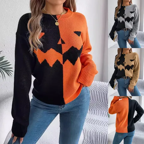 Halloween Contrast-color Pullover Sweater Fashion Long Sleeve Knitted Tops