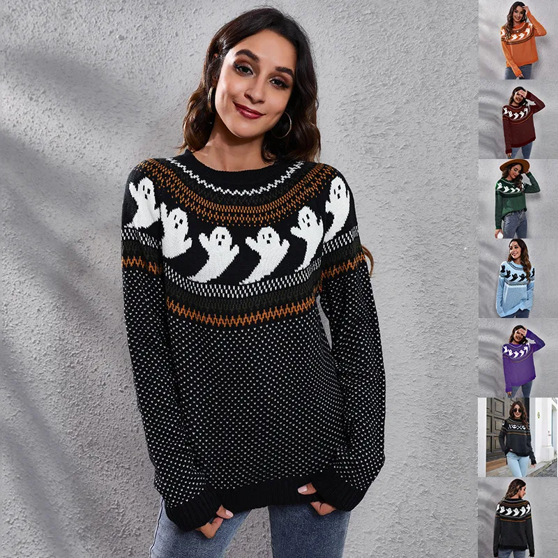 Halloween Cartoon Ghost Polka Dot Pullover Sweater Autumn