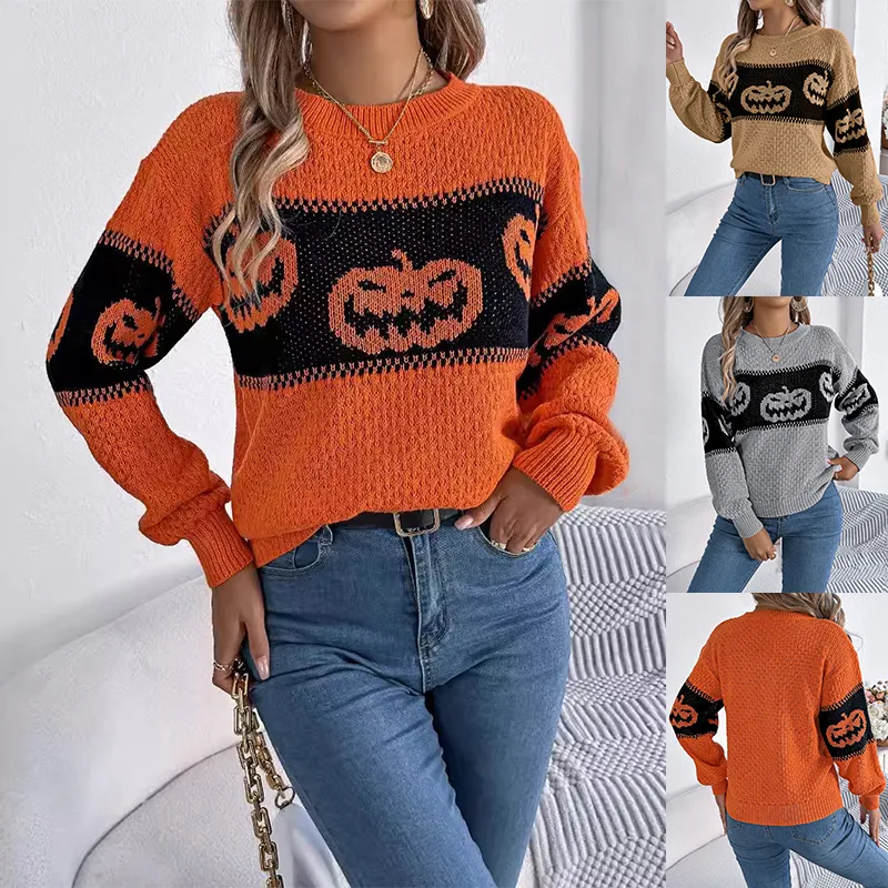 Halloween Pumpkin Pullover Sweater Fashion Long Sleeve Knitted Tops