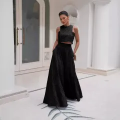 Women's Clothing Elegance Sleeveless Embroidery Lace Long Dress Holiday Suit Two-piece Set - Black - View 1