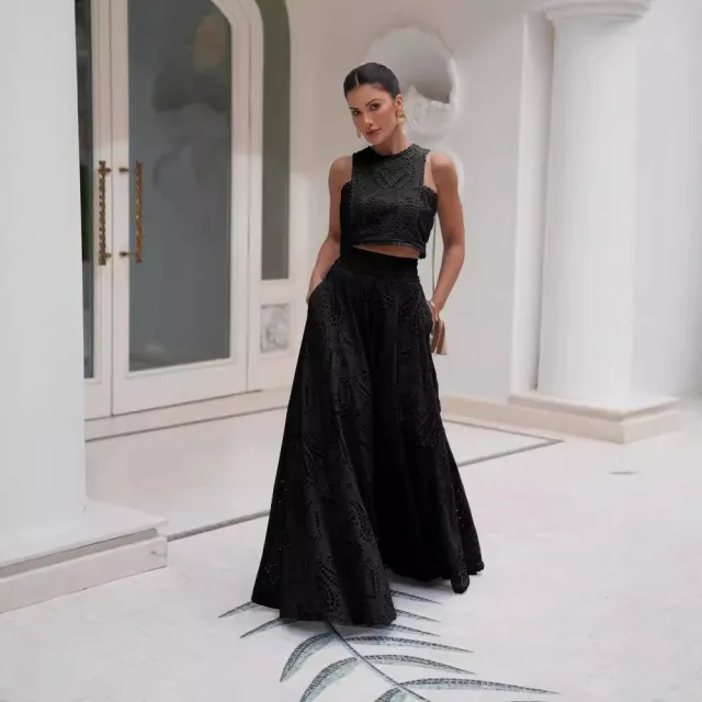Women's Clothing Elegance Sleeveless Embroidery Lace Long Dress Holiday Suit Two piece Set Black - Shop at LoveMi