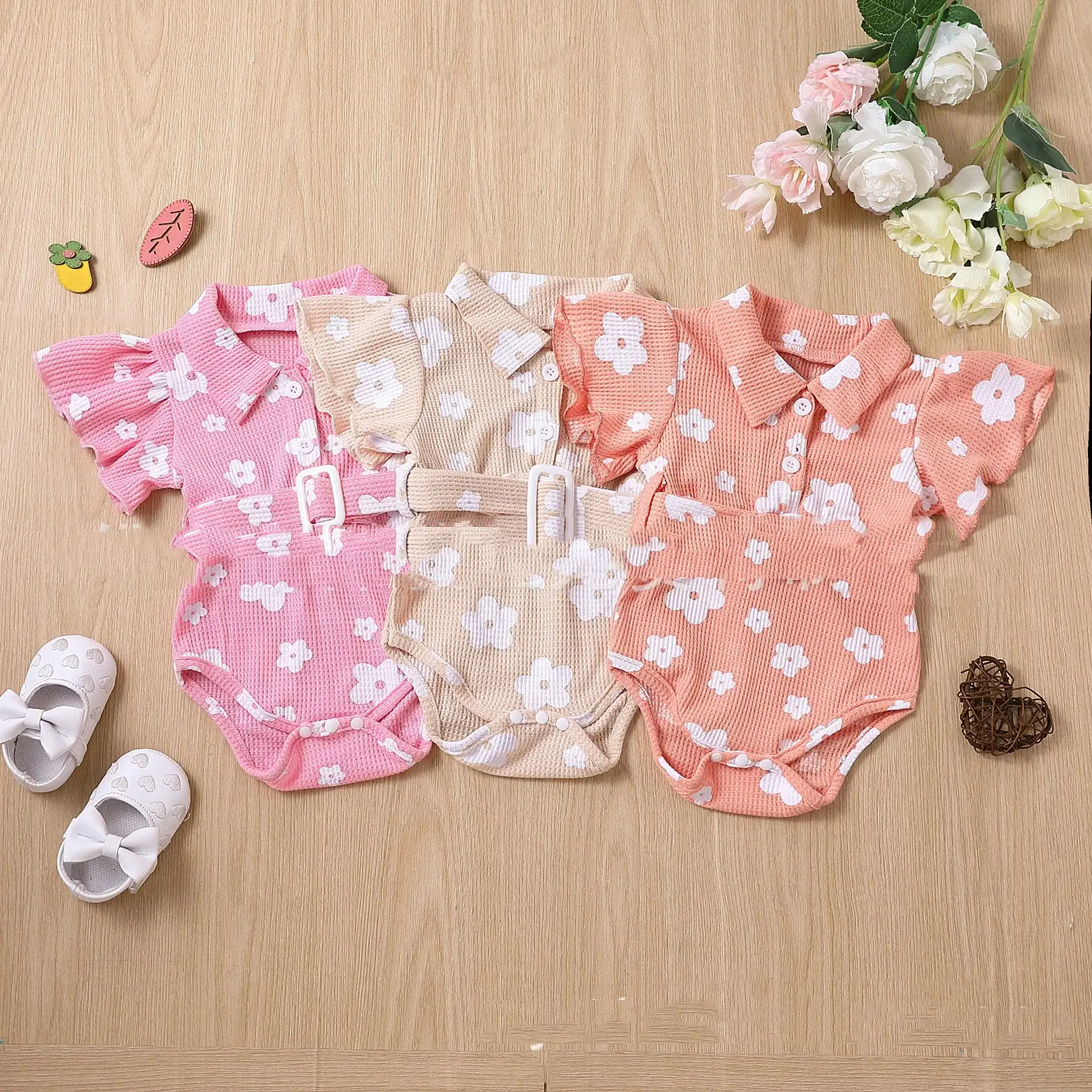 Girls' Multicolor Cotton Printed Flounced Sleeve Jumpsuit