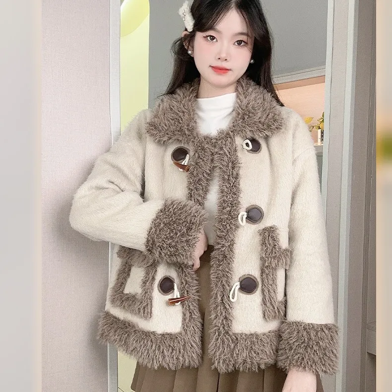 Horn Button Lamb Wool Coat Female Winter Fleece-lined - Light Brown
