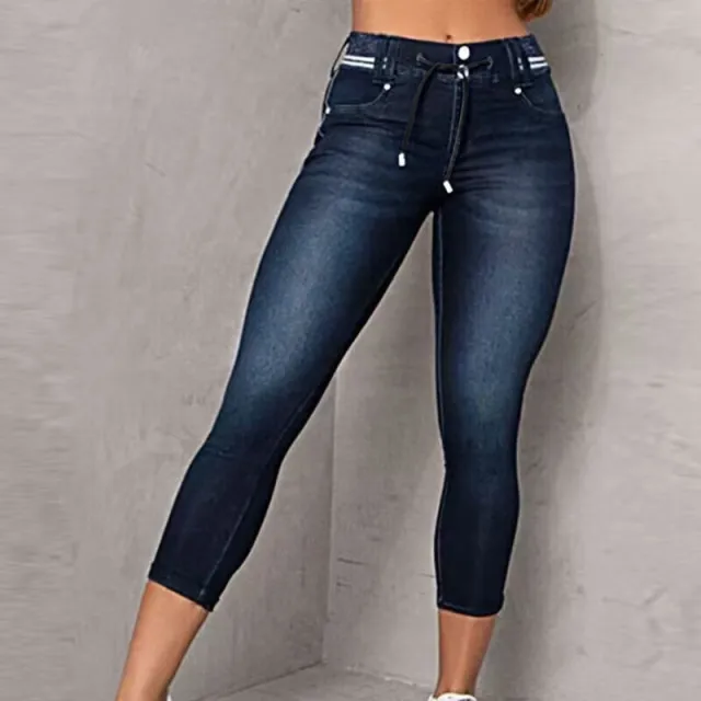 Striped Stitching Drawstring Tight Hip Raise Skinny Denim Ankle length Pants Blue - Shop at LoveMi