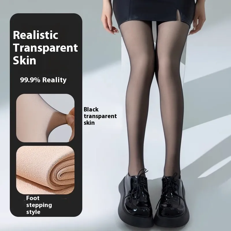 Transparent Tights Leggings Women's Black Stockings Thin Autumn And Winter Fleece-lined Thick Pantyhose - Black Connected Feet