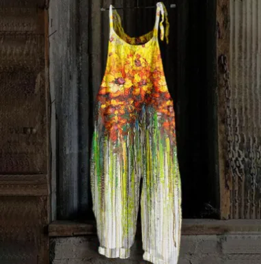 Women's Printed Street Hipster Fashion Multi color Cotton And Linen Suspender Jumpsuit Style5 - Shop at LoveMi