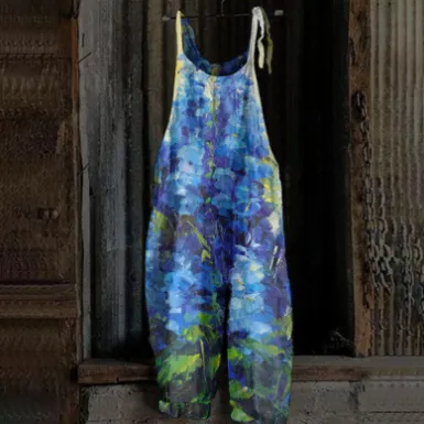 Women's Printed Street Hipster Fashion Multi color Cotton And Linen Suspender Jumpsuit M Style15 - Shop at LoveMi