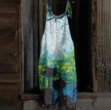 Women's Printed Street Hipster Fashion Multi-color Cotton And Linen Suspender Jumpsuit - Style3