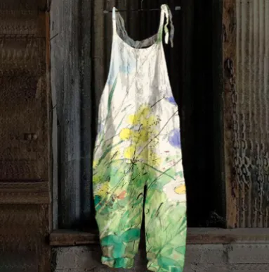 Women's Printed Street Hipster Fashion Multi-color Cotton And Linen Suspender Jumpsuit - L-Style11