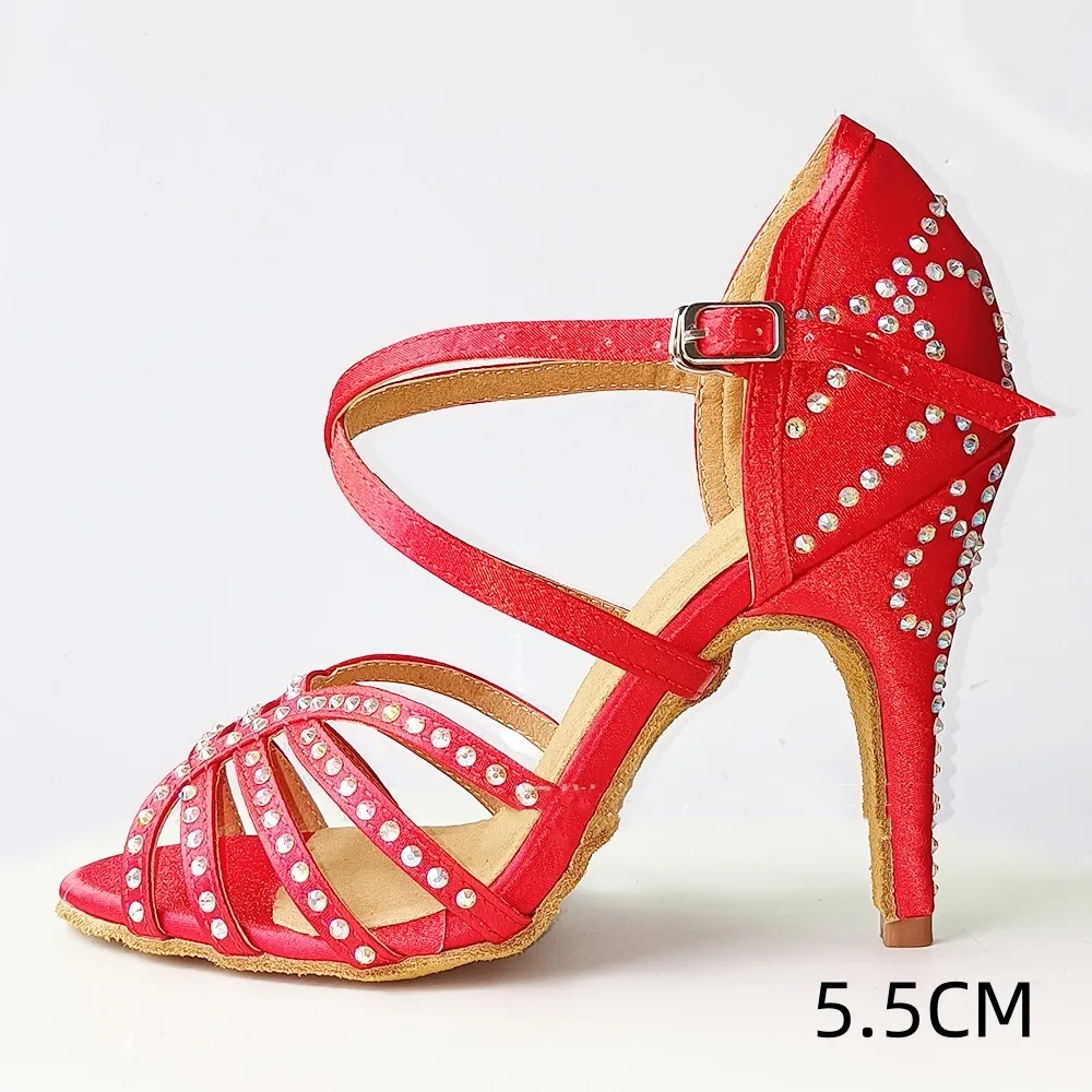 Red With Diamond Latin Dance Shoes Women's High Heel Dancing Shoes - Red