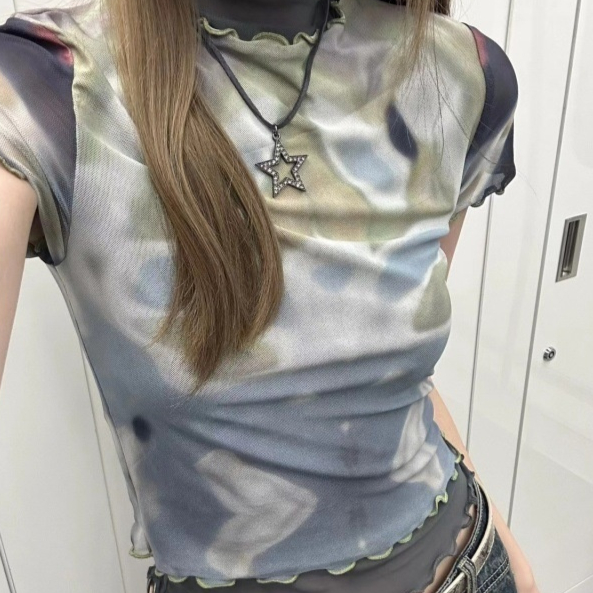 Tie-dye Printed Slim-fit Stretch See-through Thin Mesh Short Sleeve T-shirt