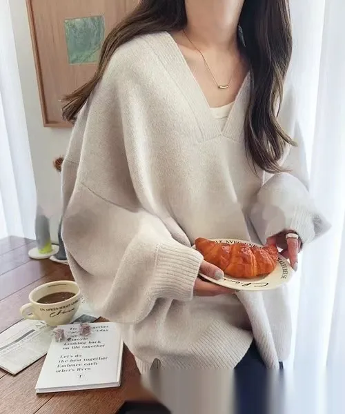 V neck Versatile Long sleeved Knitted Sweater Beige - Shop at LoveMi