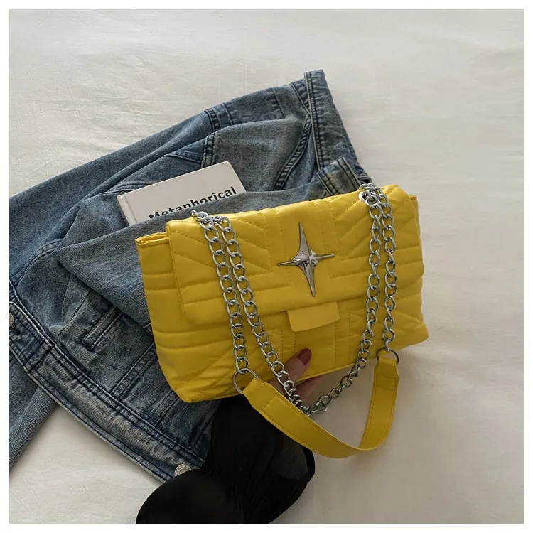 Casual Embroidery Thread Color Diamond Texture Crossbody Shoulder Underarm Bag - Yellow