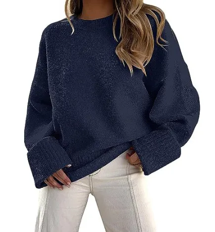 Women's Fashion Casual Round Neck Long Sleeve Plush Sweater Top Dark Blue - Shop at LoveMi