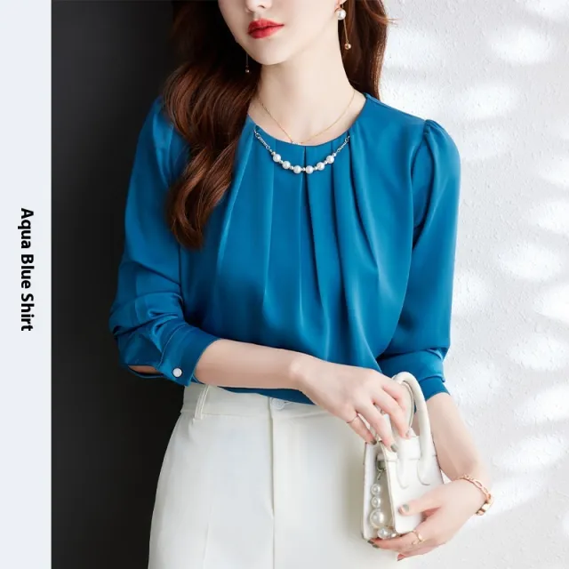 Acetate Satin Shirt Women's Long sleeved Round Neck Pullover Professional Top Shirt Blue - Shop at LoveMi