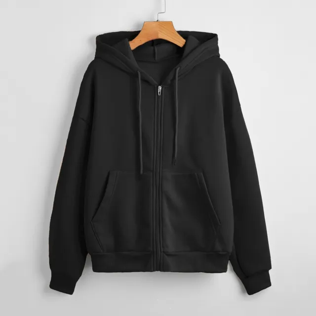 Sweater Women's Hooded Solid Color Zipper Loose Padded Coat Black - Shop at LoveMi