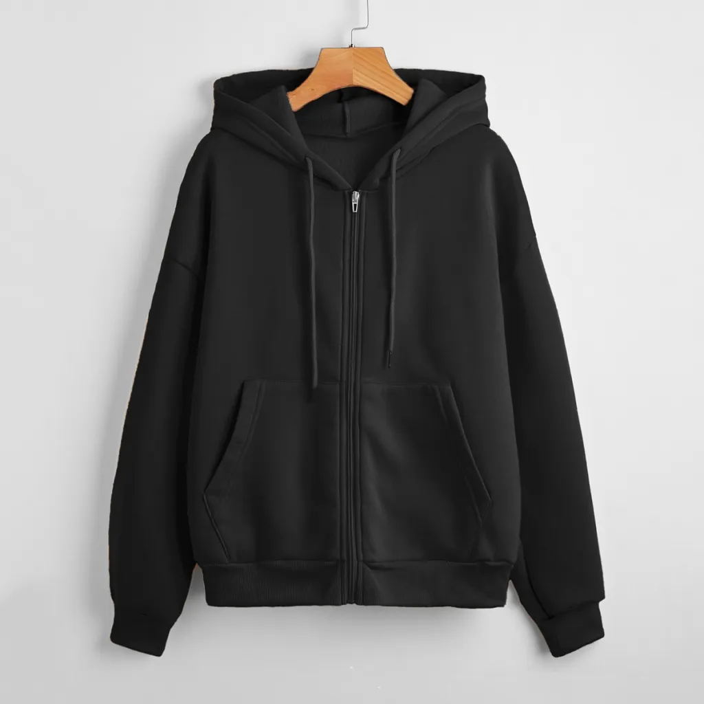 Sweater Women's Hooded Solid Color Zipper Loose Padded Coat - Black