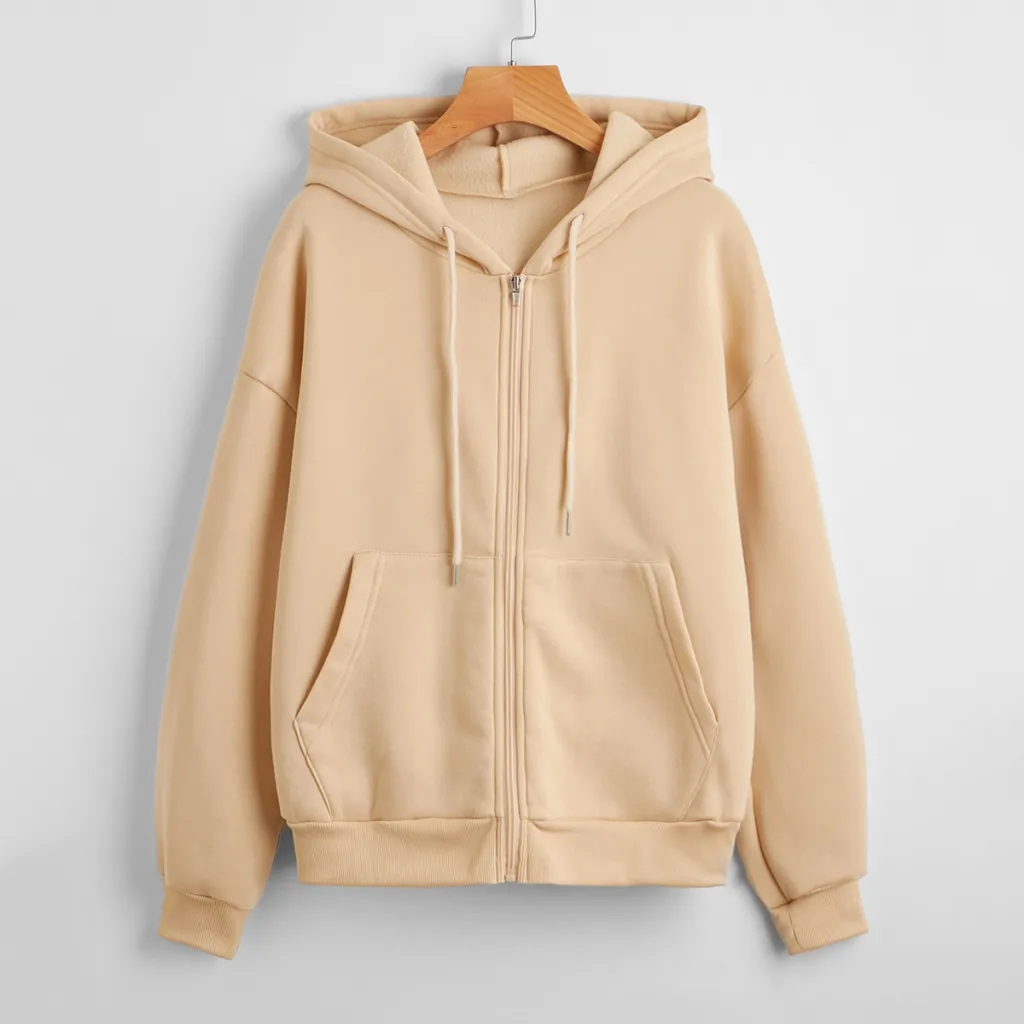 Sweater Women's Hooded Solid Color Zipper Loose Padded Coat - Khaki - View 1