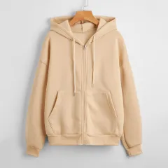 Sweater Women's Hooded Solid Colour Zipper Loose Padded Coat - Khaki - View 1
