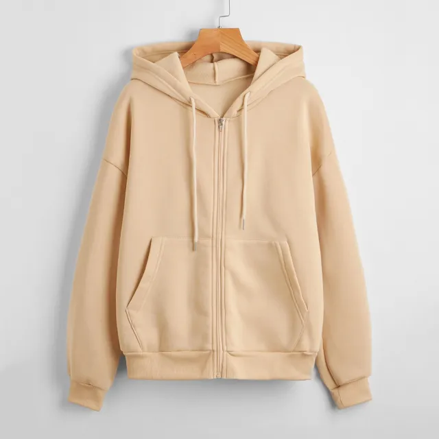 Sweater Women's Hooded Solid Color Zipper Loose Padded Coat Khaki - Shop at LoveMi