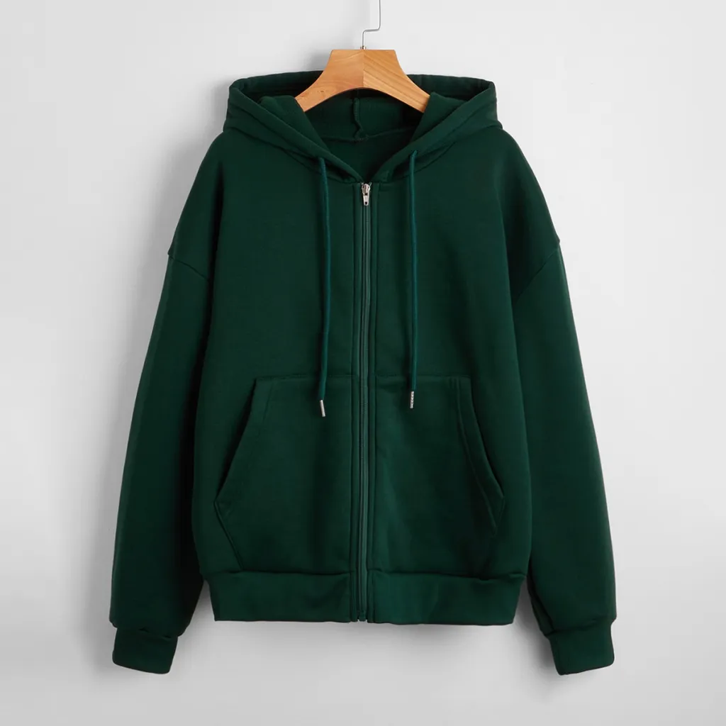 Sweater Women's Hooded Solid Color Zipper Loose Padded Coat - Green