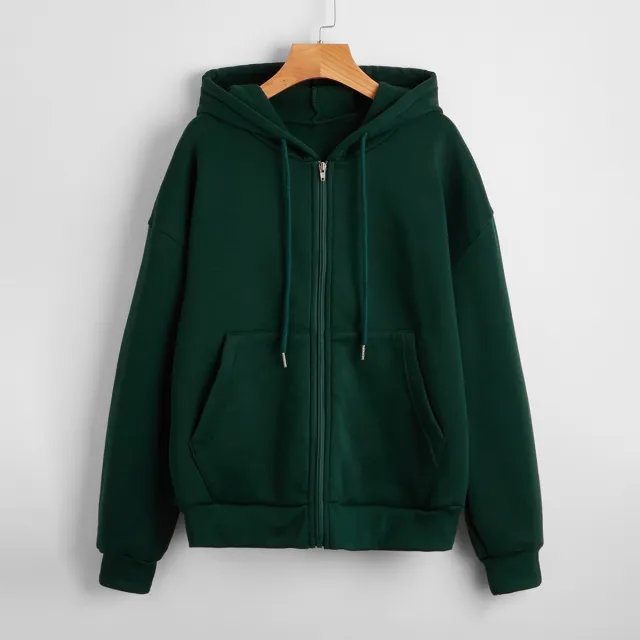 Sweater Women's Hooded Solid Color Zipper Loose Padded Coat Green - Shop at LoveMi