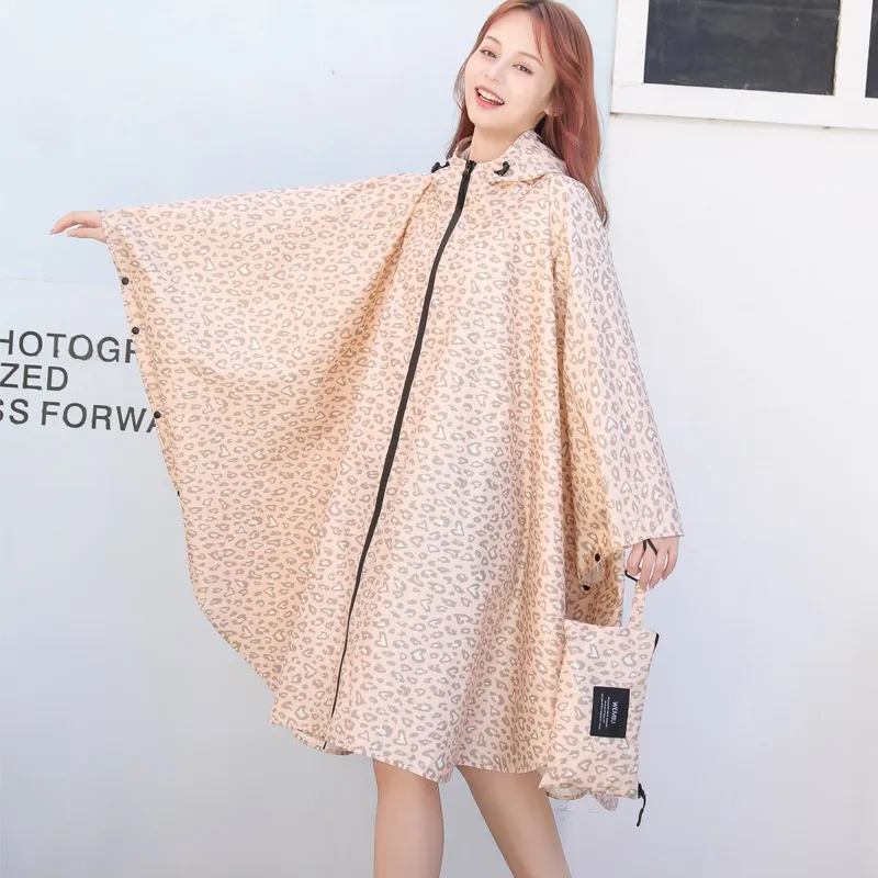 Japanese Cape-style Raincoat Women's Long Hiking Fashion Light Cycling - Pink Leopard Print