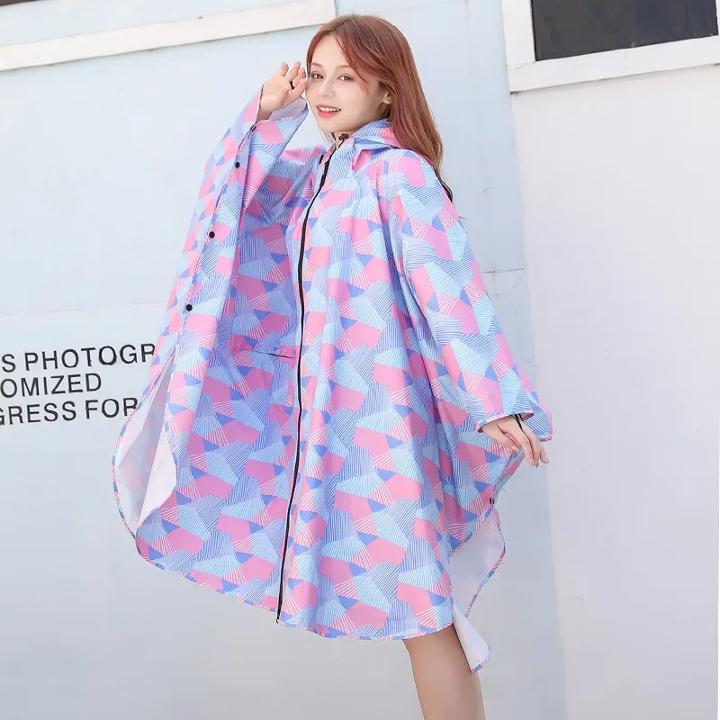 Japanese Cape-style Raincoat Women's Long Hiking Fashion Light Cycling - Pink Geometry
