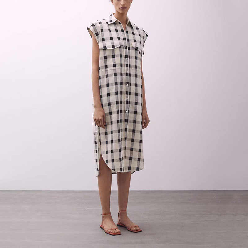 Loose Mid-length Sleeveless Plaid Dress