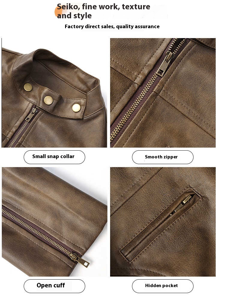 Short Leather Jacket Slim Brown Jacket Motorcycle Jacket