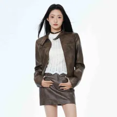 Short Leather Jacket Slim Brown Jacket Motorcycle Jacket - Khaki - View 1