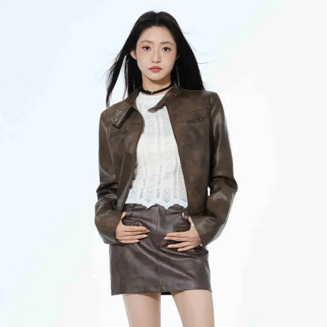 Short Leather Jacket Slim Brown Jacket Motorcycle Jacket Khaki - Shop at LoveMi