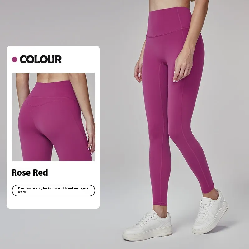 Fleece-lined Yoga Pants Women's High Elastic Peach Hip Autumn And Winter Warm - Rose Fruit Red