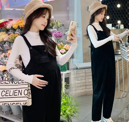 Corduroy Maternity Pants Thickened Autumn And Winter Suit Two piece Set Black Suspender Pants Thin - Shop at LoveMi