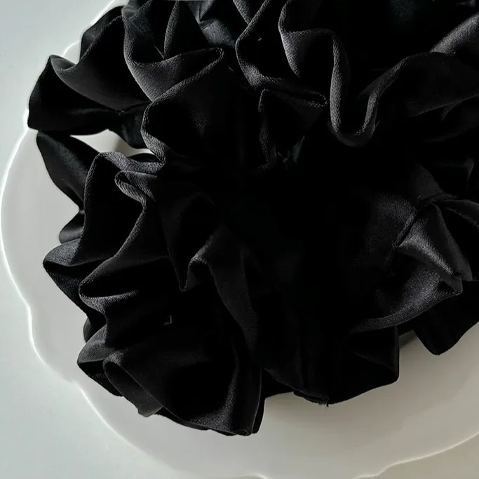 Satin Pleated Headdress Flower Large Full Hydrangea Hair Ring - Classic Black