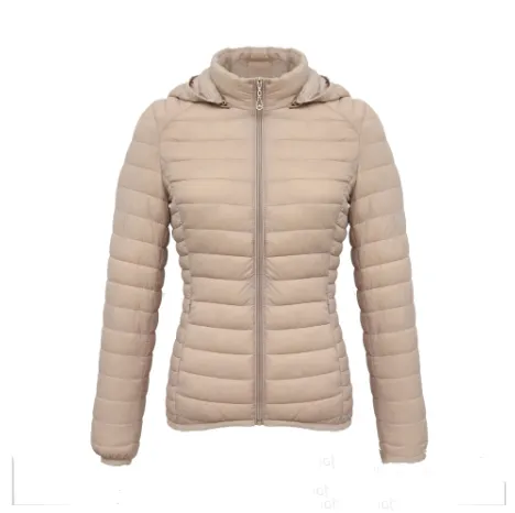 Autumn And Winter Zipper Short Hooded Detachable Solid Color Stand Collar Lightweight Cotton-padded Jacket - Skin Color